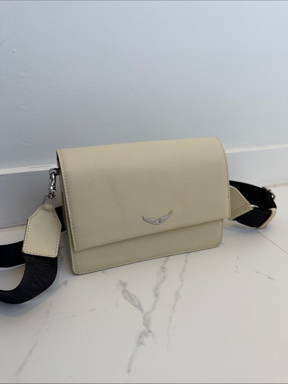 Zadig and Voltaire Cream Crossbody Shoulder Bag with Wide Black Strap